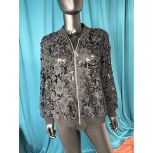 Chicos Black Lace Floral Bomber Jacket Women Size 1 Zipper Front Lightweight